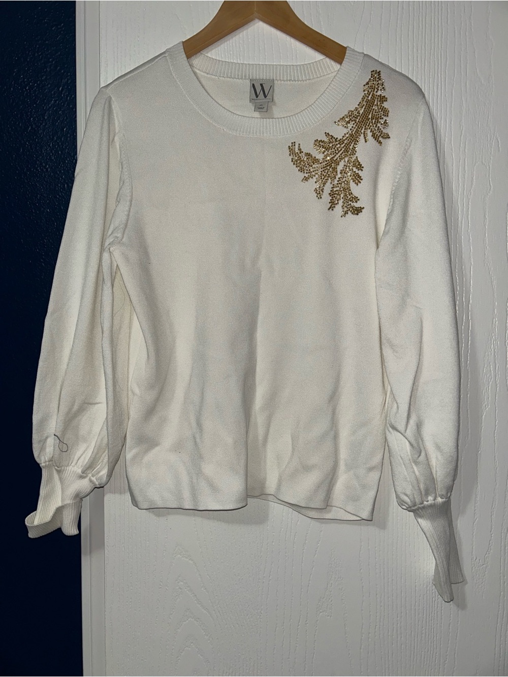 Worthington White Crewneck Sweater with Gold Bead Detail